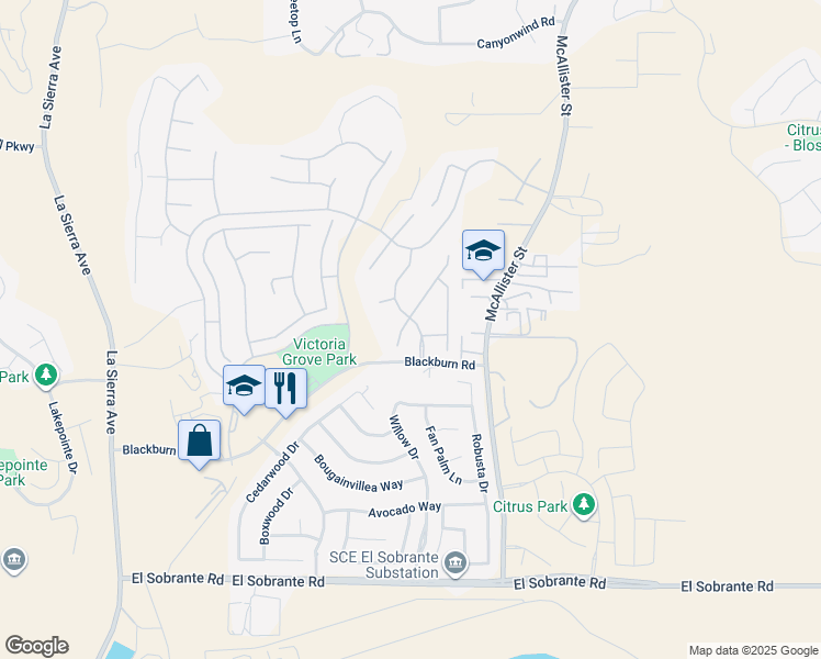 map of restaurants, bars, coffee shops, grocery stores, and more near 17426 Half Moon Court in Riverside