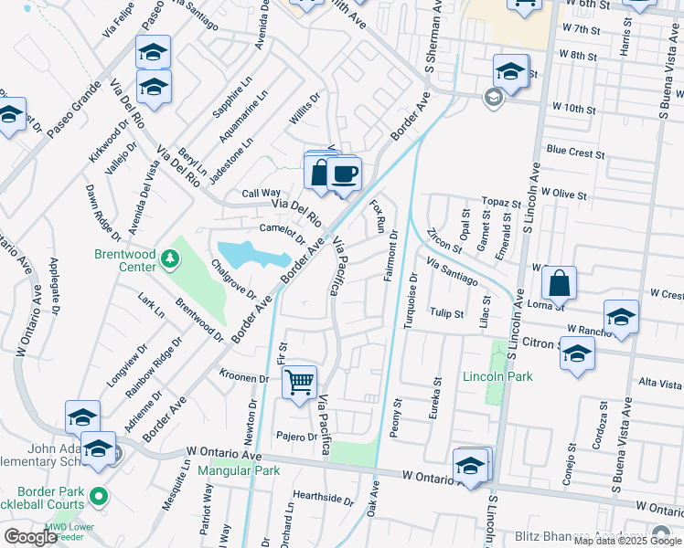 map of restaurants, bars, coffee shops, grocery stores, and more near 1640 Vía Pacifica in Corona