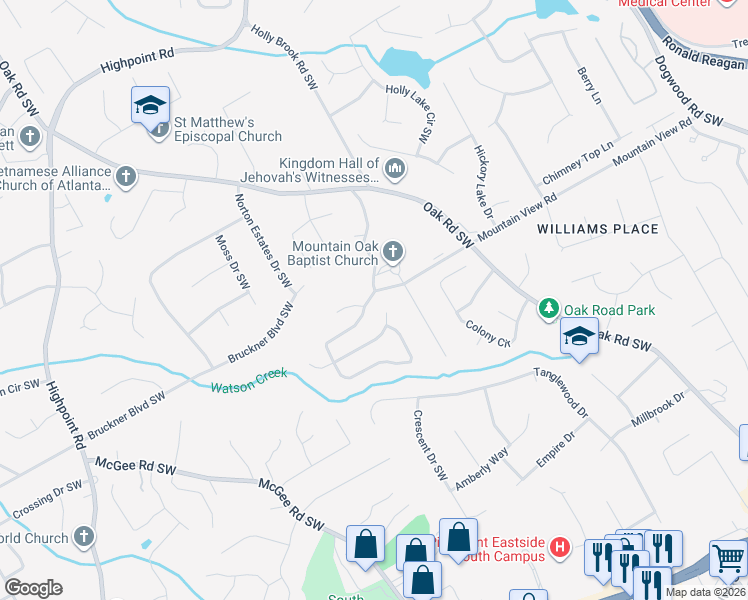 map of restaurants, bars, coffee shops, grocery stores, and more near 2700 Oak Meadow Drive in Snellville