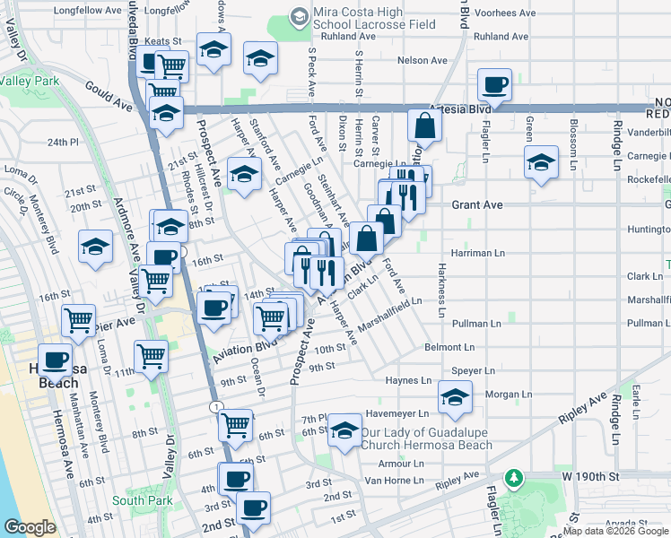 map of restaurants, bars, coffee shops, grocery stores, and more near 1408 Stanford Avenue in Redondo Beach