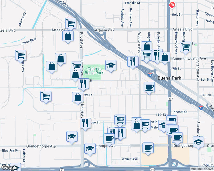 map of restaurants, bars, coffee shops, grocery stores, and more near 7188 8th Street in Buena Park