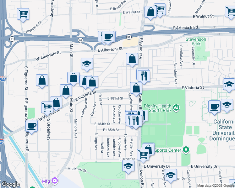 map of restaurants, bars, coffee shops, grocery stores, and more near 408 E Victoria St in Carson