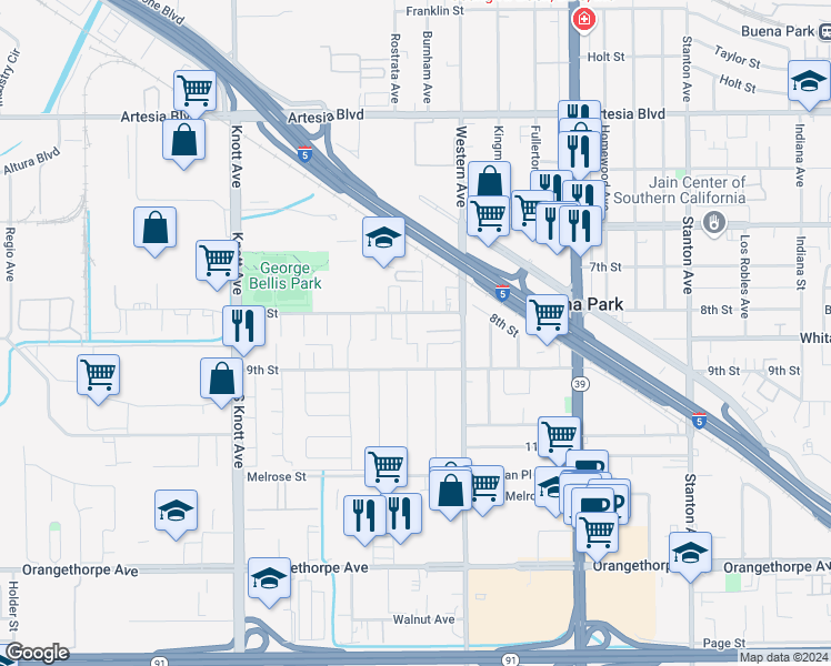 map of restaurants, bars, coffee shops, grocery stores, and more near 6442 Rostrata Avenue in Buena Park