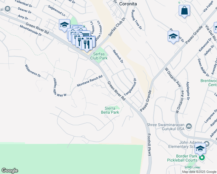 map of restaurants, bars, coffee shops, grocery stores, and more near 2340 Pepperwood Lane in Corona