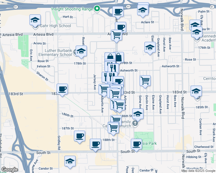 map of restaurants, bars, coffee shops, grocery stores, and more near 18017 Pioneer Boulevard in Artesia