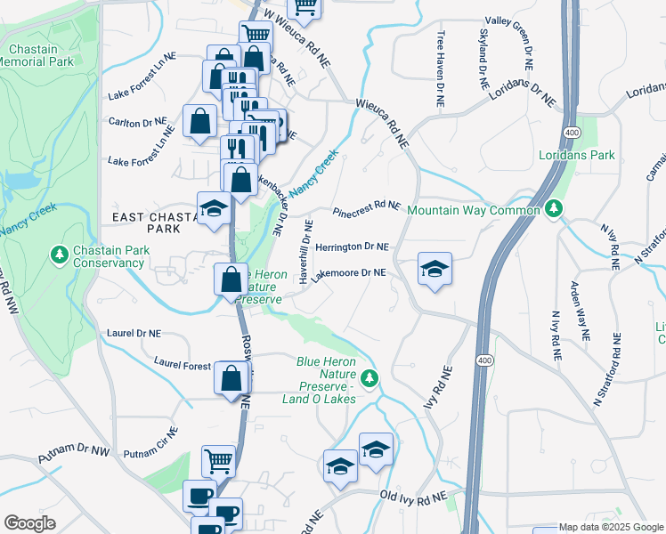 map of restaurants, bars, coffee shops, grocery stores, and more near 348 Lakemoore Drive Northeast in Atlanta