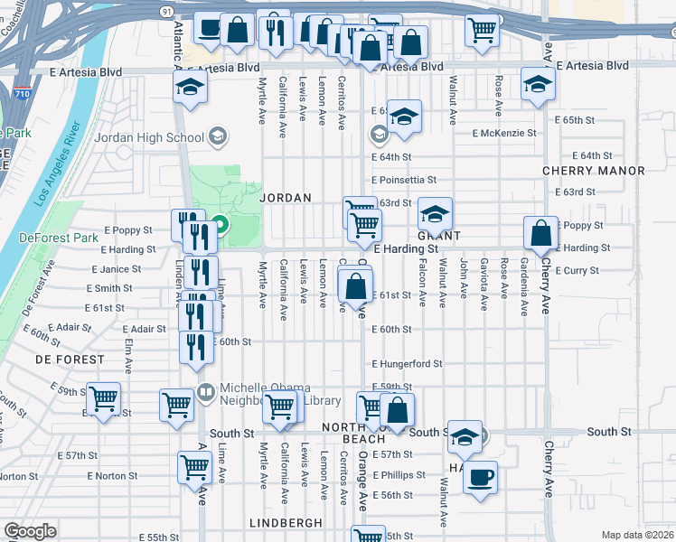 map of restaurants, bars, coffee shops, grocery stores, and more near 6190 Lemon Avenue in Long Beach