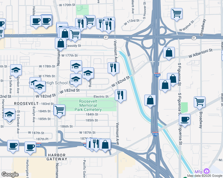 map of restaurants, bars, coffee shops, grocery stores, and more near 1026 Felder Street in Gardena