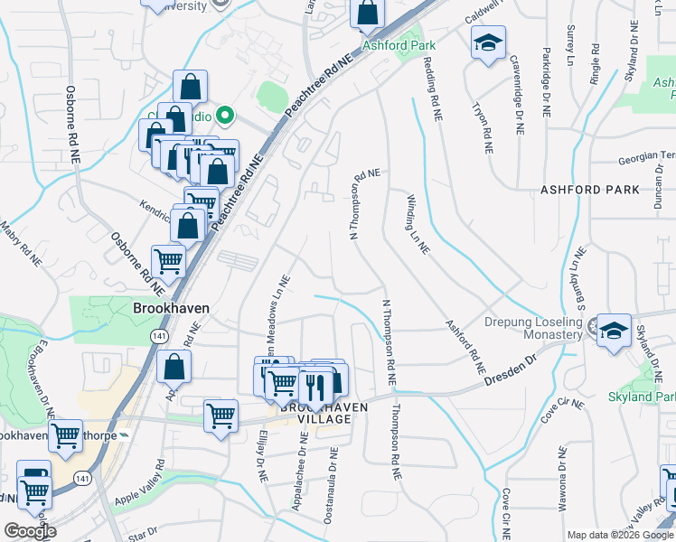 map of restaurants, bars, coffee shops, grocery stores, and more near 2748 North Thompson Road Northeast in Atlanta