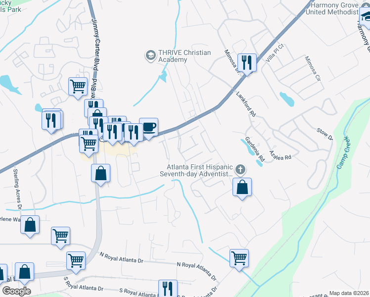 map of restaurants, bars, coffee shops, grocery stores, and more near 195 Bellewood Oak Drive in Tucker