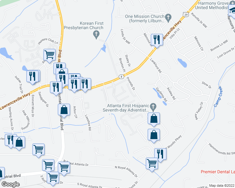 map of restaurants, bars, coffee shops, grocery stores, and more near 6225 Bellecliff Run in Tucker