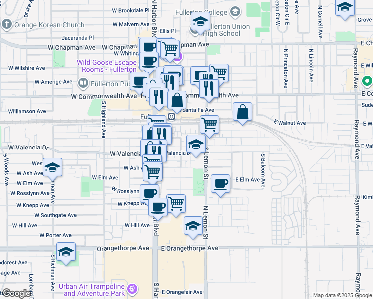 map of restaurants, bars, coffee shops, grocery stores, and more near 222 East Truslow Avenue in Fullerton