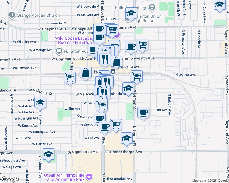 map of restaurants, bars, coffee shops, grocery stores, and more near 136 East Truslow Avenue in Fullerton