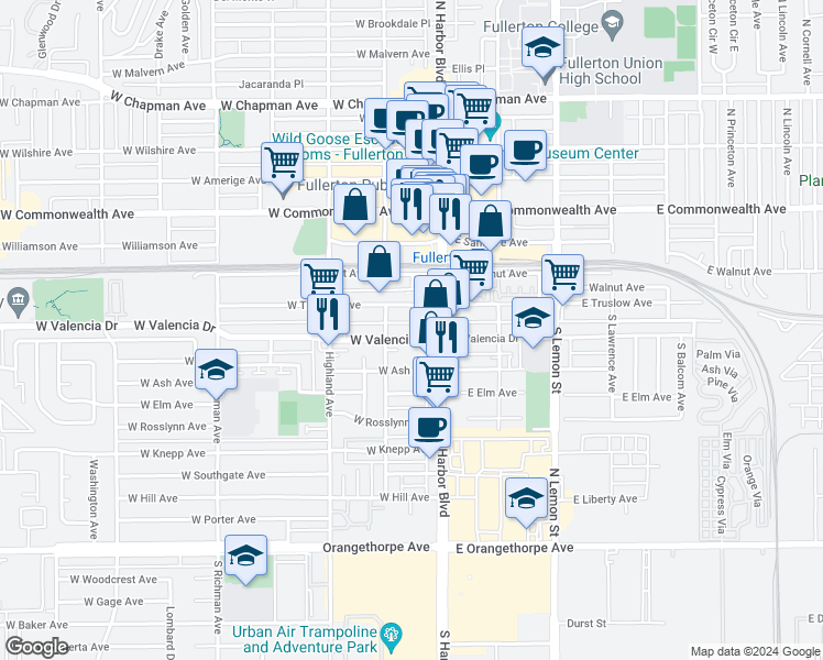 map of restaurants, bars, coffee shops, grocery stores, and more near 126 West Truslow Avenue in Fullerton