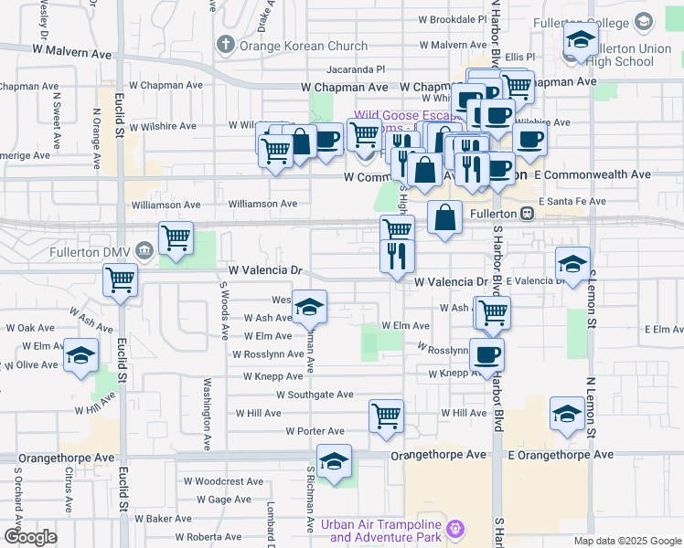 map of restaurants, bars, coffee shops, grocery stores, and more near 372 West Truslow Avenue in Fullerton