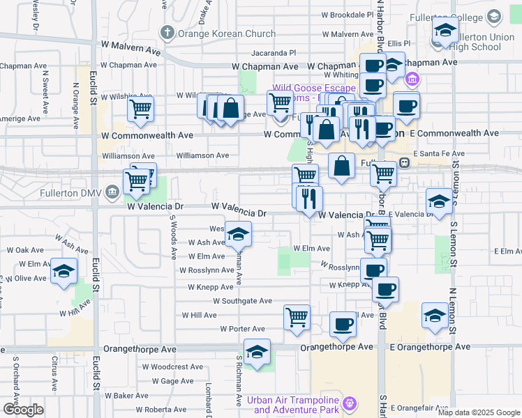 map of restaurants, bars, coffee shops, grocery stores, and more near 372 West Truslow Avenue in Fullerton