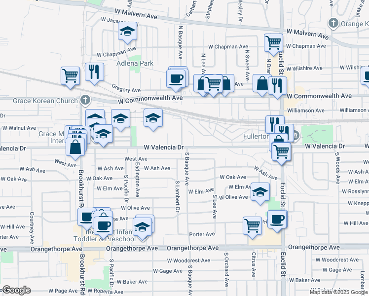 map of restaurants, bars, coffee shops, grocery stores, and more near 1401 West Valencia Drive in Fullerton