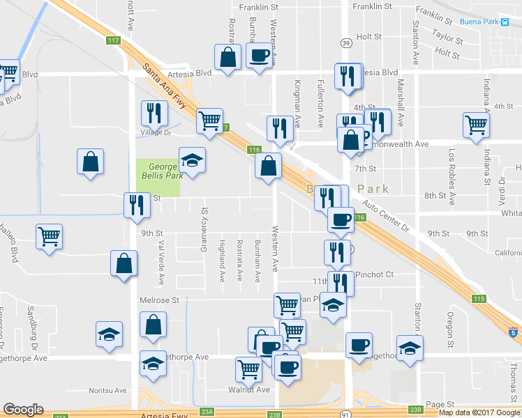 map of restaurants, bars, coffee shops, grocery stores, and more near 7432 8th Street in Buena Park