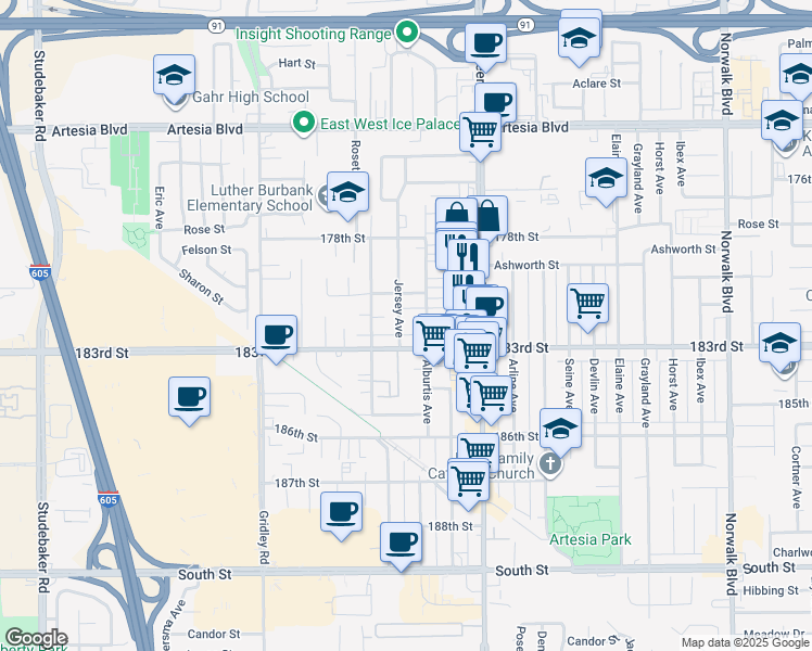 map of restaurants, bars, coffee shops, grocery stores, and more near 18021 Alburtis Avenue in Artesia