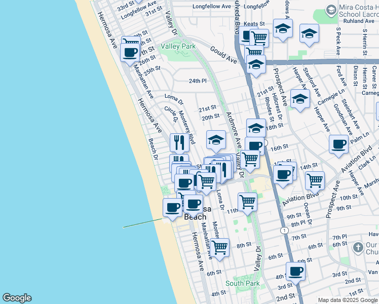 map of restaurants, bars, coffee shops, grocery stores, and more near 1818 Monterey Boulevard in Hermosa Beach