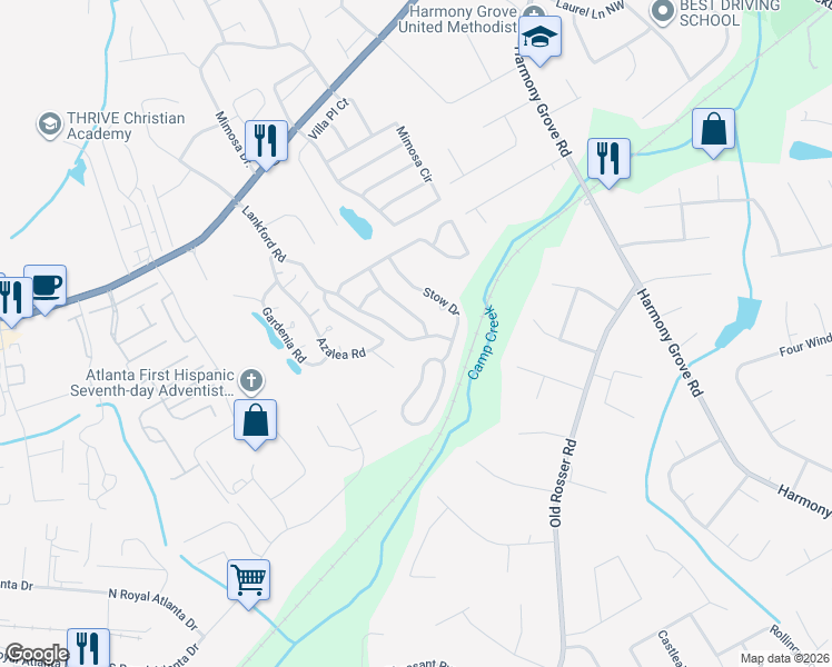 map of restaurants, bars, coffee shops, grocery stores, and more near 78 Dover Commons Drive in Tucker