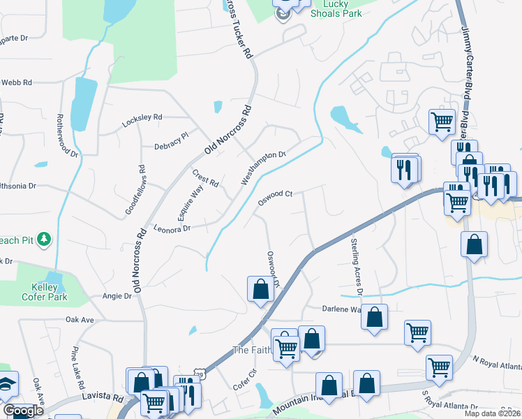 map of restaurants, bars, coffee shops, grocery stores, and more near 4594 Oswood Court in Tucker
