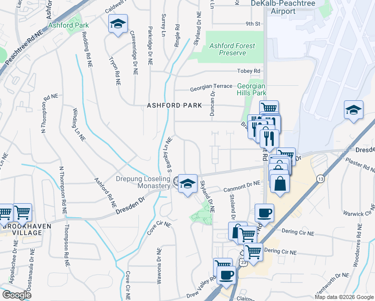 map of restaurants, bars, coffee shops, grocery stores, and more near 2723 Carlton Place Northeast in Atlanta