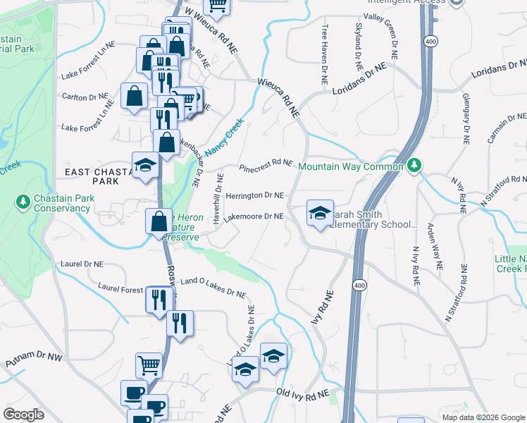map of restaurants, bars, coffee shops, grocery stores, and more near 377 Herrington Drive Northeast in Atlanta