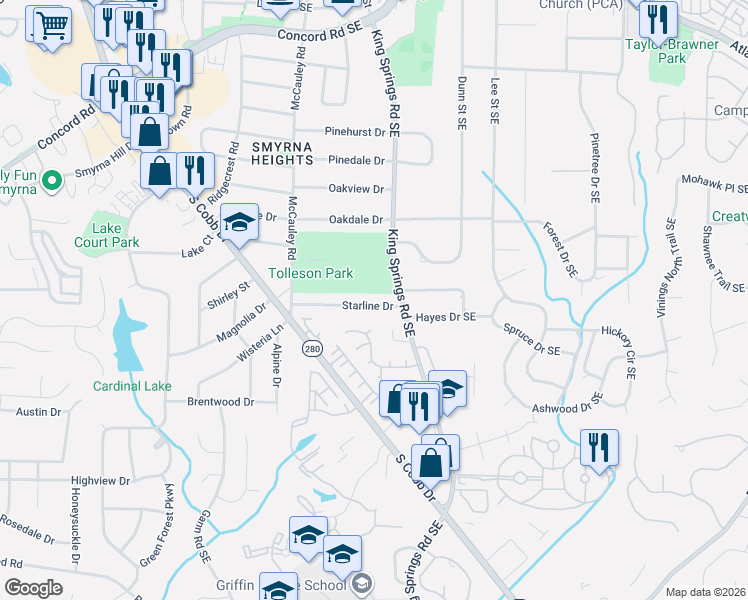 map of restaurants, bars, coffee shops, grocery stores, and more near 3520 King Springs Road Southeast in Smyrna