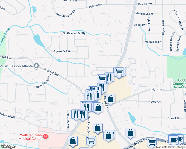 map of restaurants, bars, coffee shops, grocery stores, and more near 1448 Park Brooke Circle Southwest in Marietta