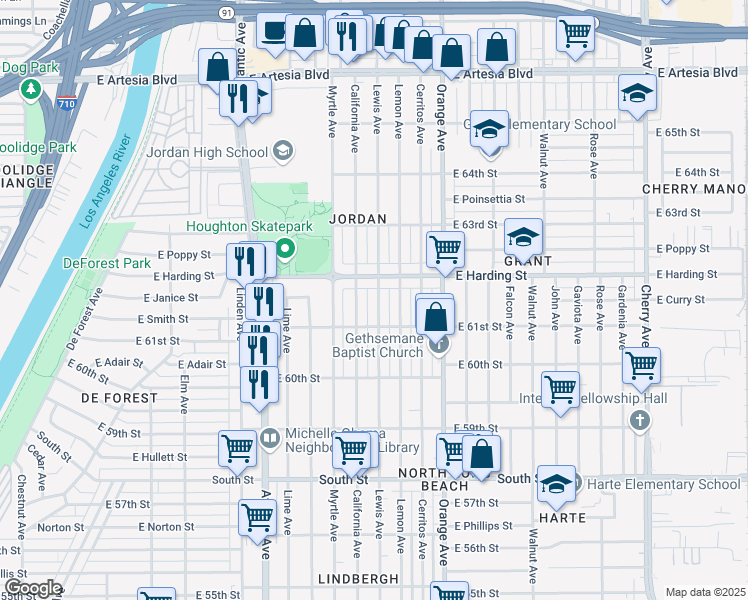 map of restaurants, bars, coffee shops, grocery stores, and more near 6151 Lewis Avenue in Long Beach