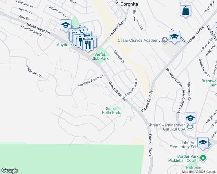 map of restaurants, bars, coffee shops, grocery stores, and more near 2400 Del Mar Way in Corona