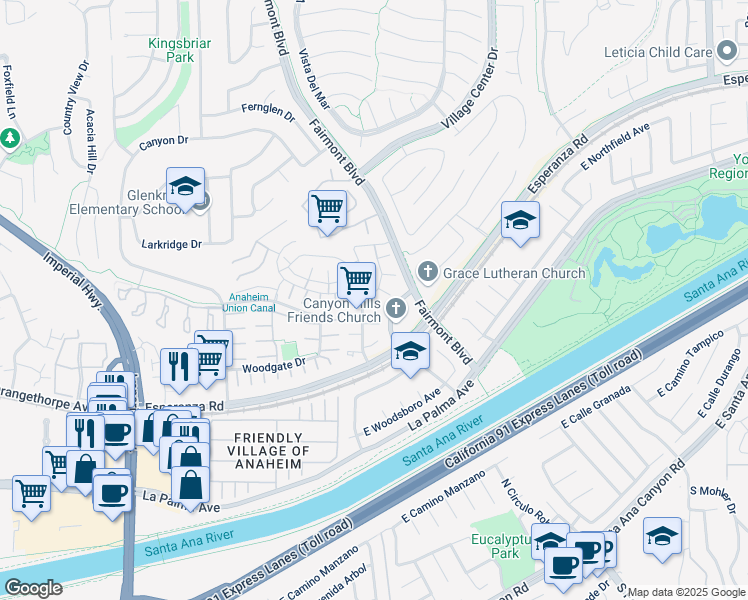 map of restaurants, bars, coffee shops, grocery stores, and more near 6573 Woodburn Lane in Yorba Linda