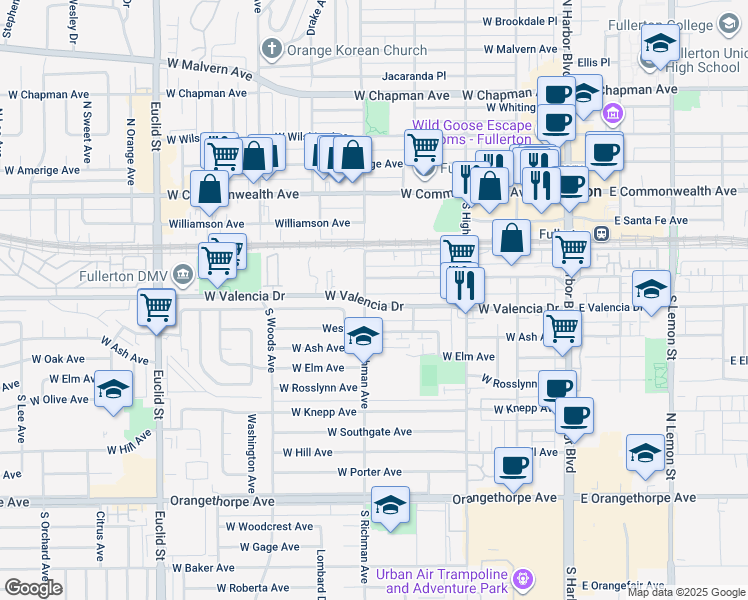 map of restaurants, bars, coffee shops, grocery stores, and more near 421 South Richman Avenue in Fullerton