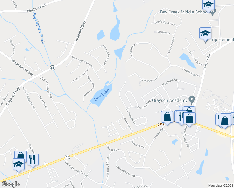 map of restaurants, bars, coffee shops, grocery stores, and more near 2631 Farmstead Court in Grayson
