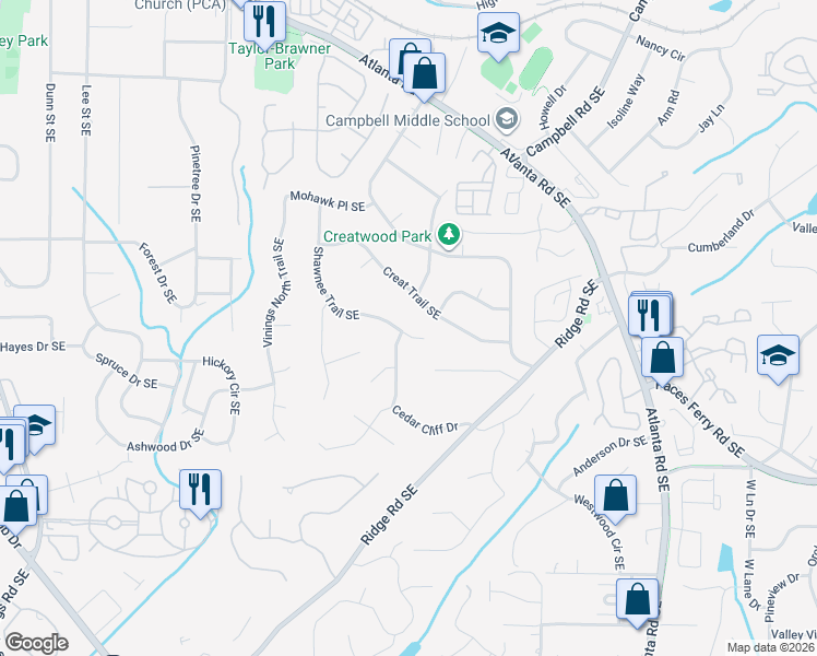 map of restaurants, bars, coffee shops, grocery stores, and more near 3477 Shawnee Trail Southeast in Smyrna