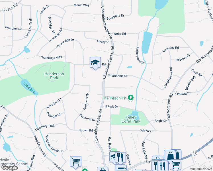 map of restaurants, bars, coffee shops, grocery stores, and more near 4178 Castle Pines Court in Tucker