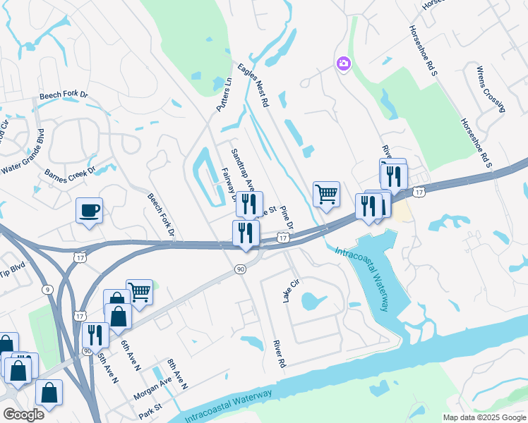 map of restaurants, bars, coffee shops, grocery stores, and more near 4025 Sandtrap Avenue in Little River