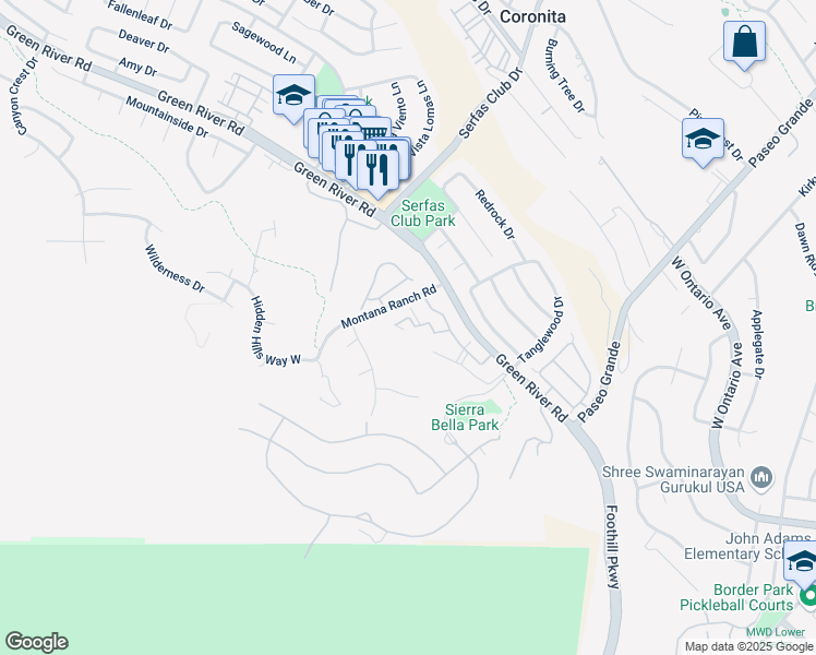 map of restaurants, bars, coffee shops, grocery stores, and more near 2500 San Gabriel Way in Corona