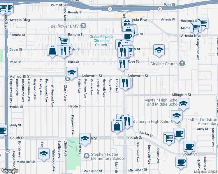 map of restaurants, bars, coffee shops, grocery stores, and more near 6138 Hersholt Avenue in Lakewood