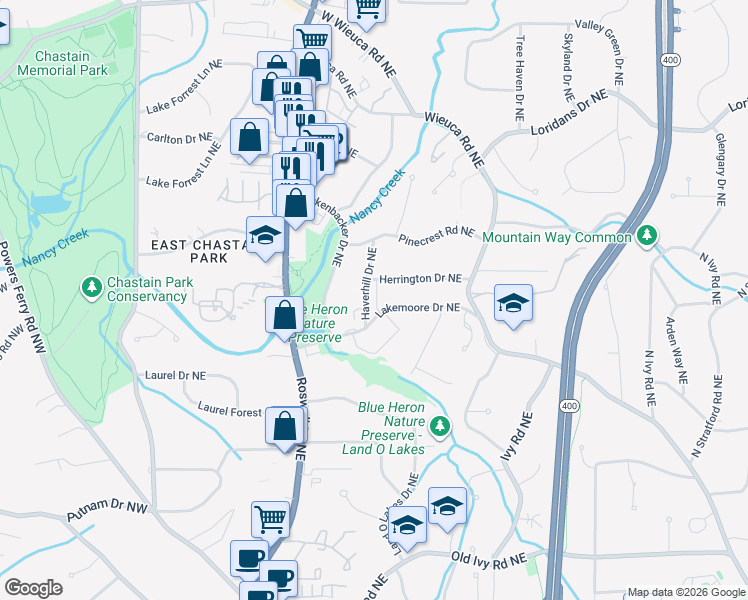 map of restaurants, bars, coffee shops, grocery stores, and more near 4108 Haverhill Drive Northeast in Atlanta
