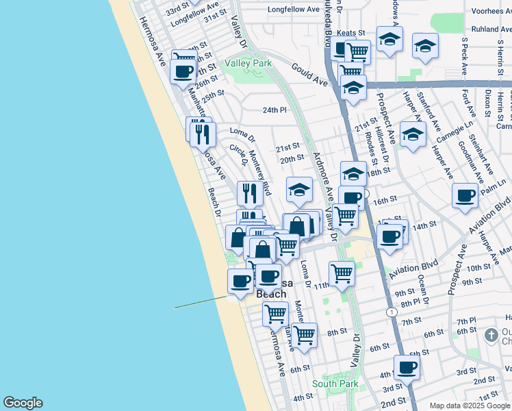 map of restaurants, bars, coffee shops, grocery stores, and more near 1900 Hermosa Avenue in Hermosa Beach