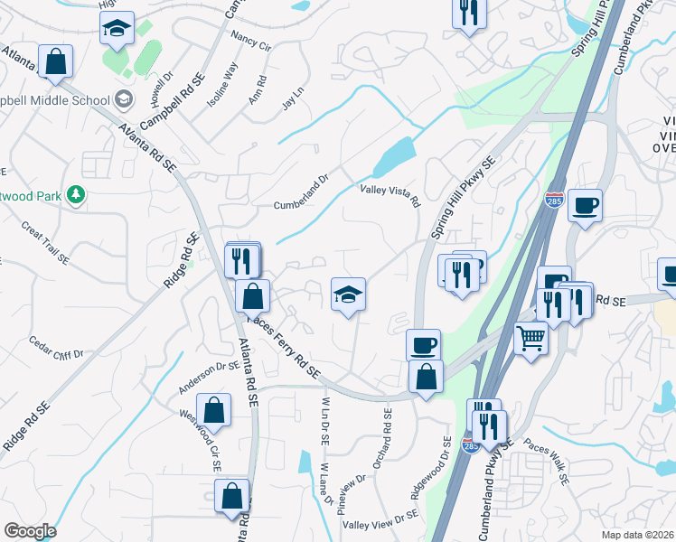 map of restaurants, bars, coffee shops, grocery stores, and more near 3650 Gatehurst Ct SE in Smyrna