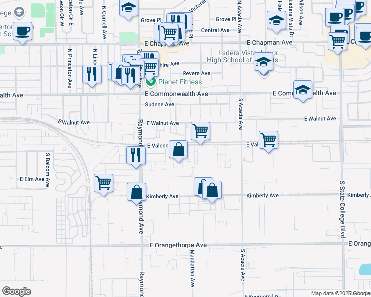 map of restaurants, bars, coffee shops, grocery stores, and more near 1412 East Valencia Drive in Fullerton