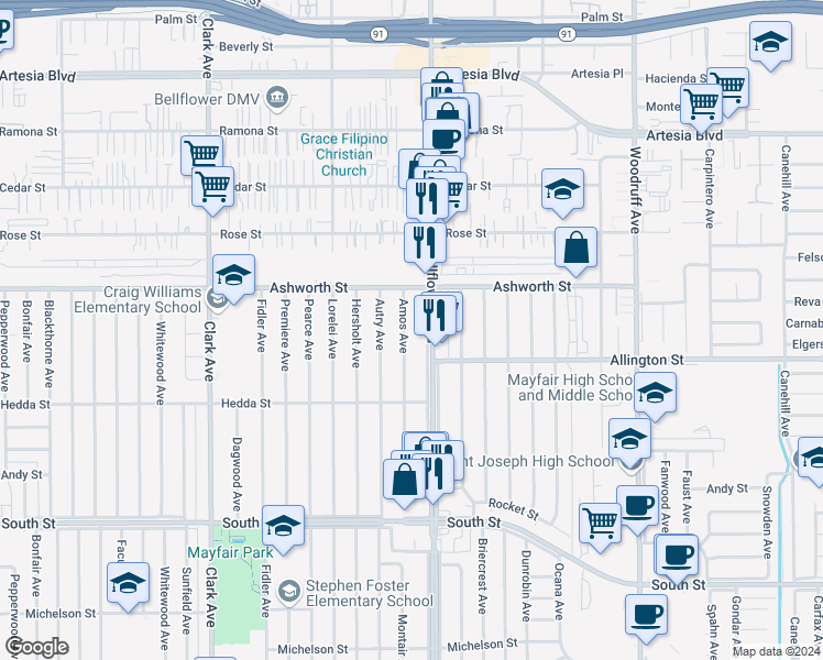 map of restaurants, bars, coffee shops, grocery stores, and more near 6118 Amos Avenue in Lakewood