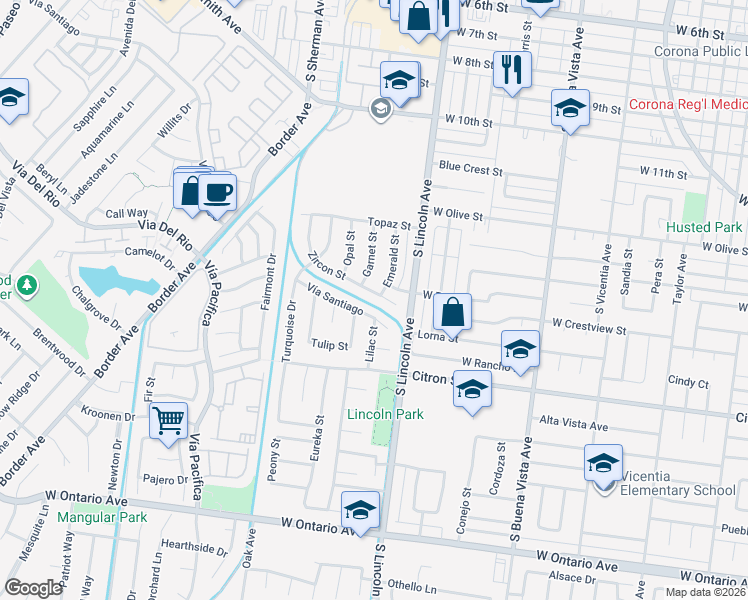 map of restaurants, bars, coffee shops, grocery stores, and more near 1120 Zircon Street in Corona