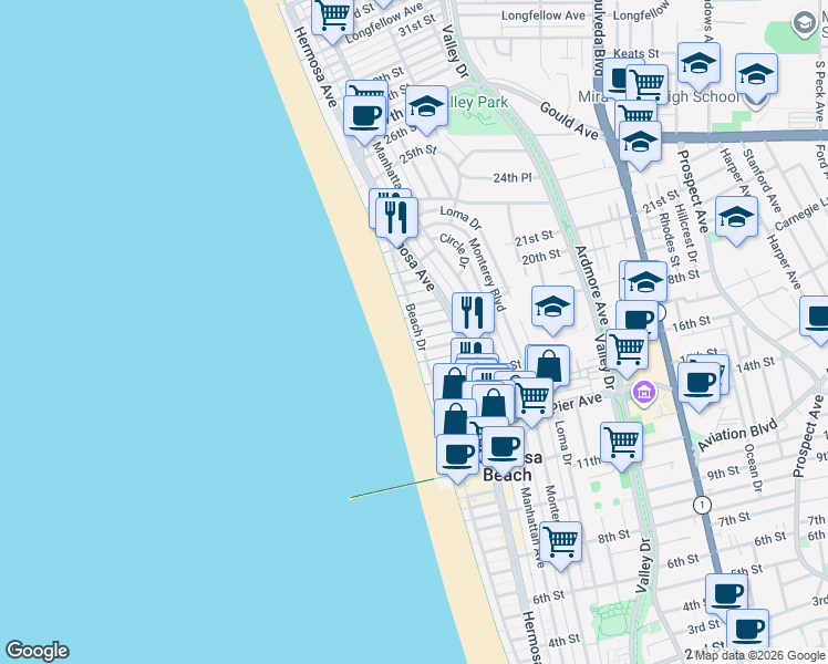 map of restaurants, bars, coffee shops, grocery stores, and more near 1818 The Strand in Hermosa Beach