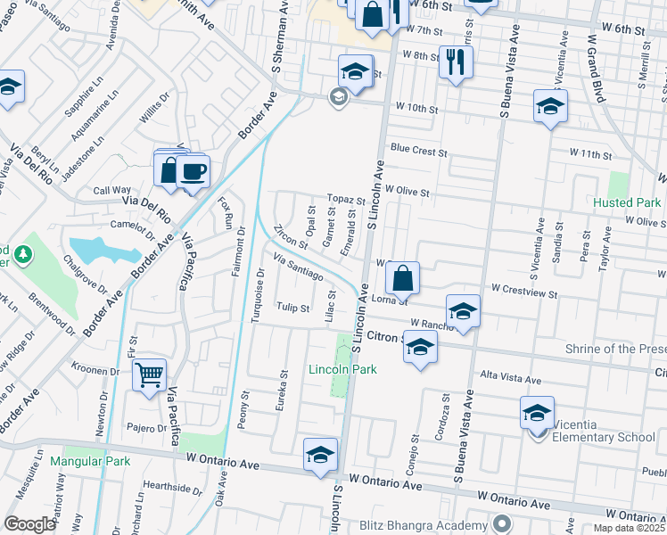 map of restaurants, bars, coffee shops, grocery stores, and more near 1120 Zircon Street in Corona