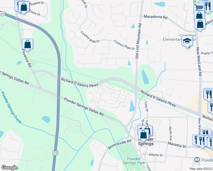 map of restaurants, bars, coffee shops, grocery stores, and more near 3444 Spring Azalea Court in Powder Springs