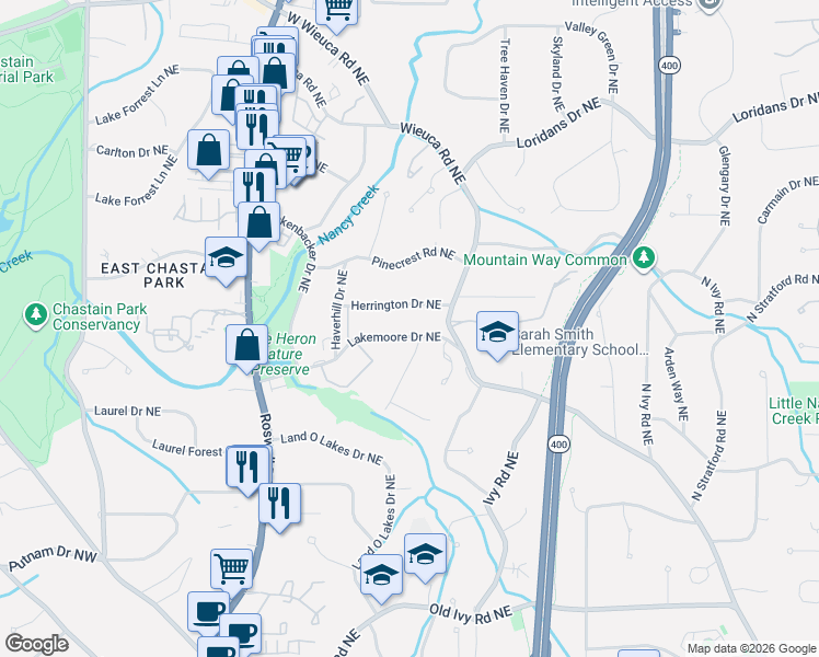 map of restaurants, bars, coffee shops, grocery stores, and more near 377 Herrington Drive Northeast in Atlanta